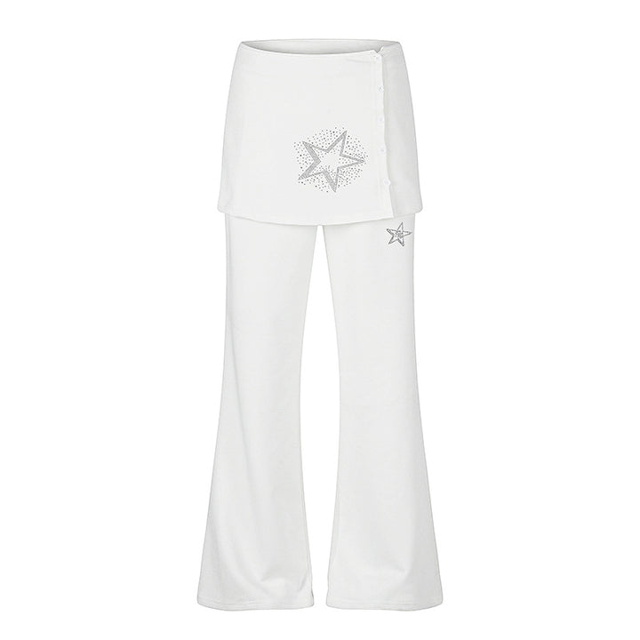 Women's loungewear pants with integrated mini skirt, wide leg, and star rhinestone application Mune Fashion