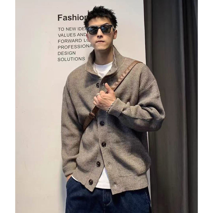 Men's chunky knit jacket with stand-up collar and button placket Mune Fashion