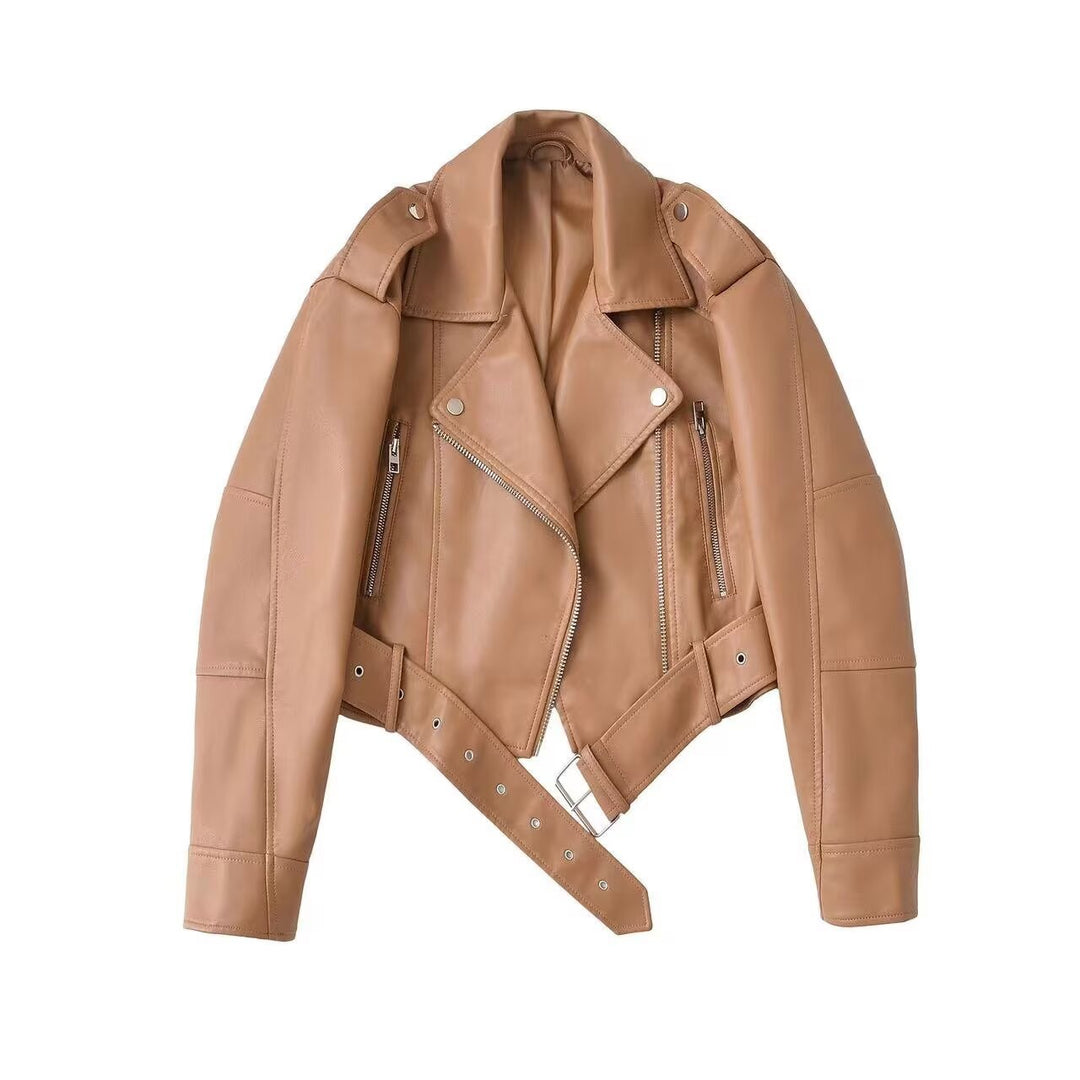 Women tailored faux leather biker jacket with belt Mune Fashion