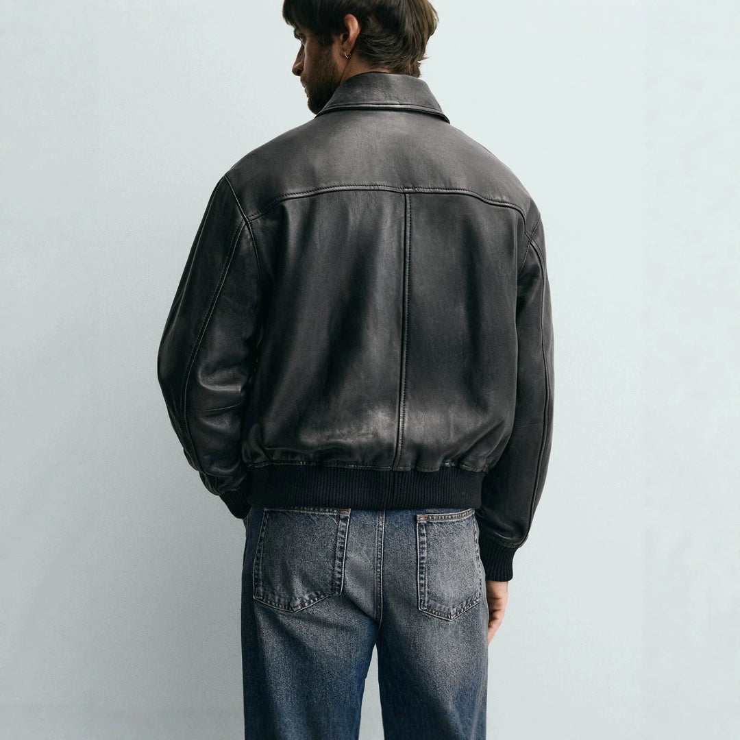 Men's smooth leather blouson in pilot style with shirt collar and patch flap pockets Mune Fashion