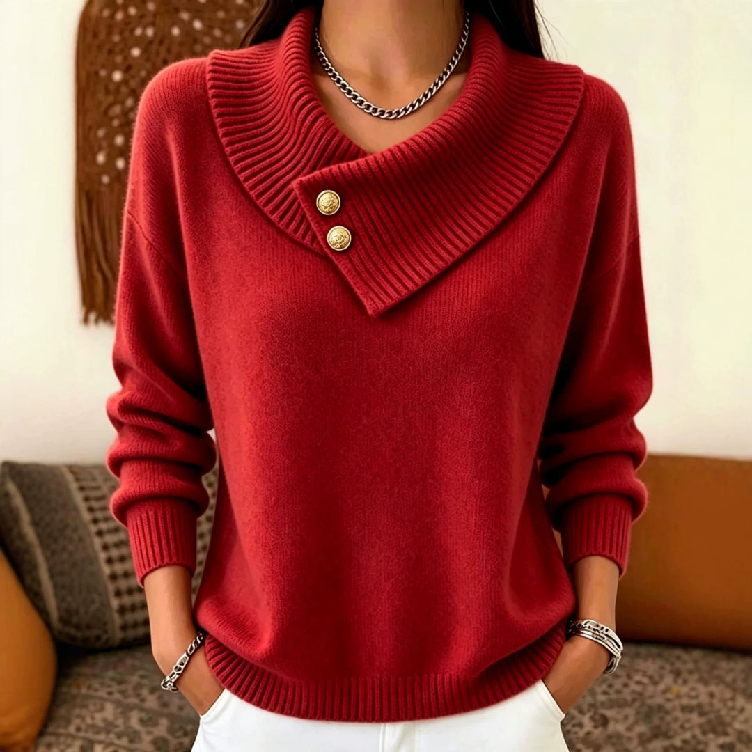 Women's fine knit pullover with overlapping shawl collar and decorative buttons Mune Fashion