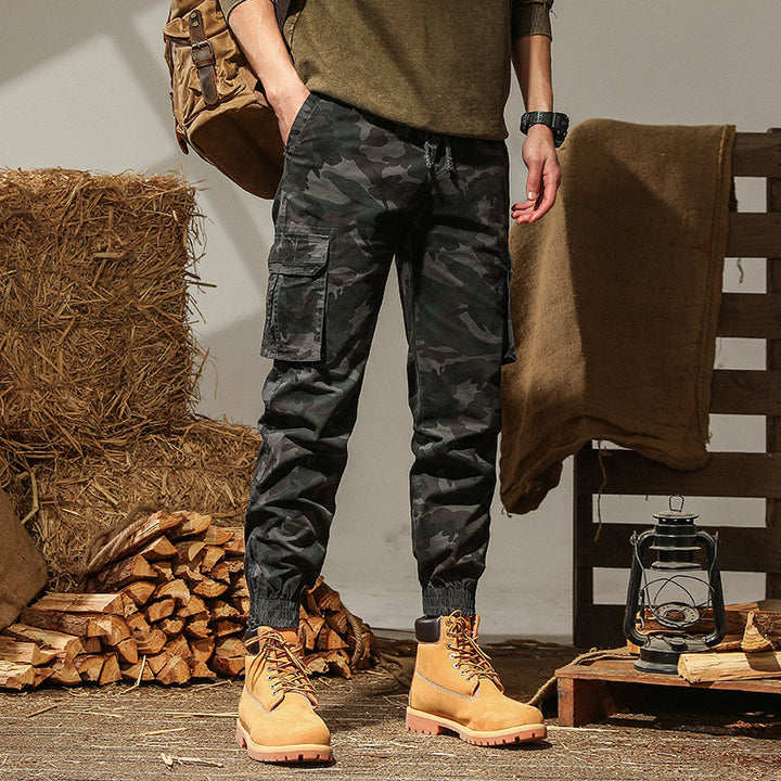 Men's camouflage utility style cargo pants with elastic hem and multiple pockets Mune Fashion