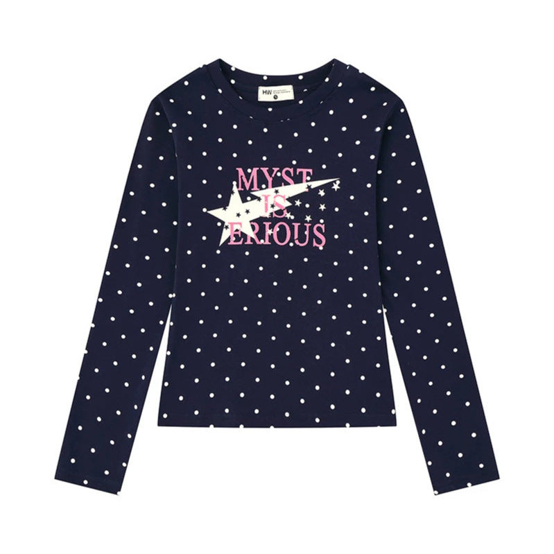 Women's long sleeve shirt with V-neck, polka dots and statement print made of cotton jersey Mune Fashion