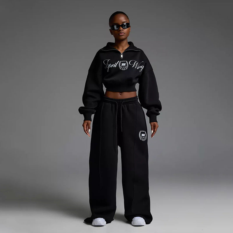 Women Cropped Half-zip Sweatshirt with Wide High-Waist Lounge Pants Set Mune Fashion