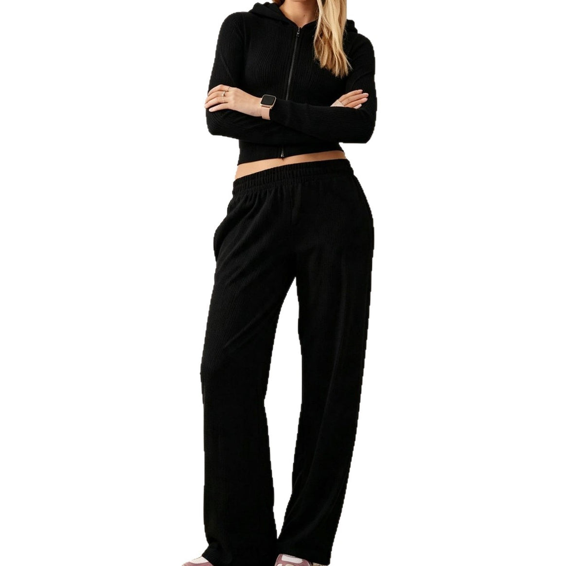 Women Two-Piece Loungewear Set Ribbed Crop Hoodie with Zipper and Thumb Hole as well as Loose Sweatpants Mune Fashion