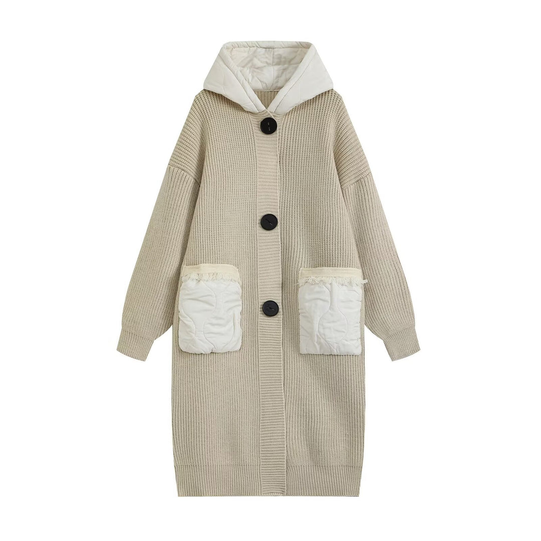 Women's Longline Chunky Knit Coat with Quilted Hood and Oversized Front Pockets Drune
