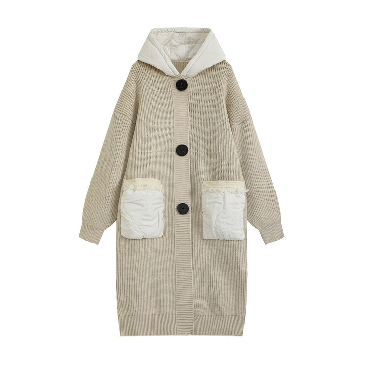 Women's Longline Chunky Knit Coat with Quilted Hood and Oversized Front Pockets Drune