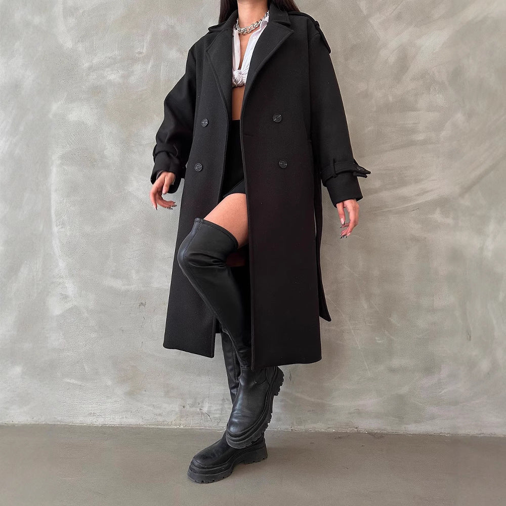 Women's Oversized Wool Blend Coat with Double-Breasted Button Placket and Waist Belt Mune Fashion