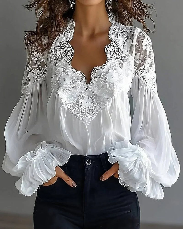 Women's Chiffon Blouse with Lace V-Neck and Wide Pleated Sleeves Mune Fashion