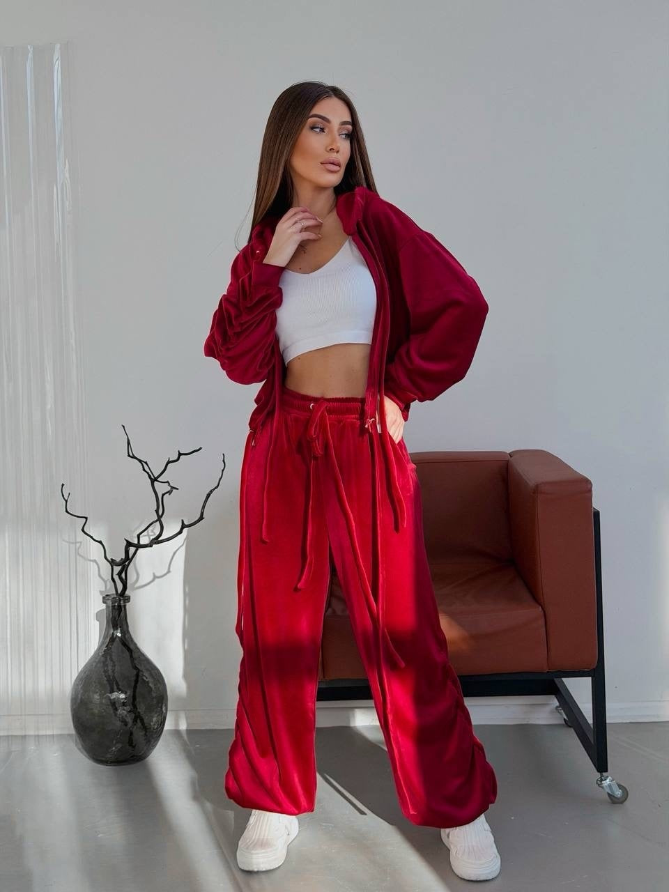 Women's Cropped Hoodie Sweatshirt with Drawstring at Hem and Loose Gathered Lounge Pants Mune Fashion
