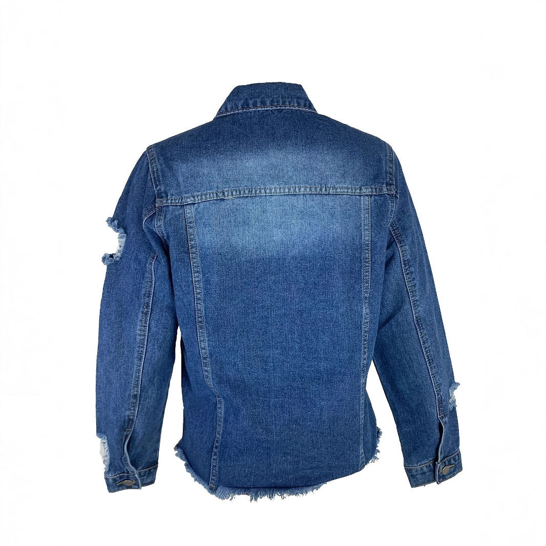 Ladies short cut denim jacket in trucker style with fringe detailing Mune Fashion