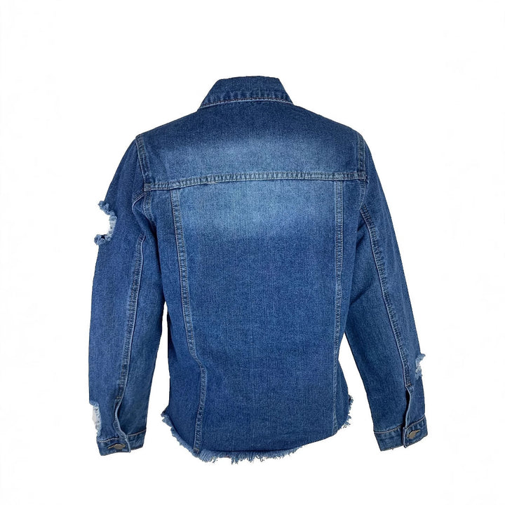 Ladies short cut denim jacket in trucker style with fringe detailing Mune Fashion