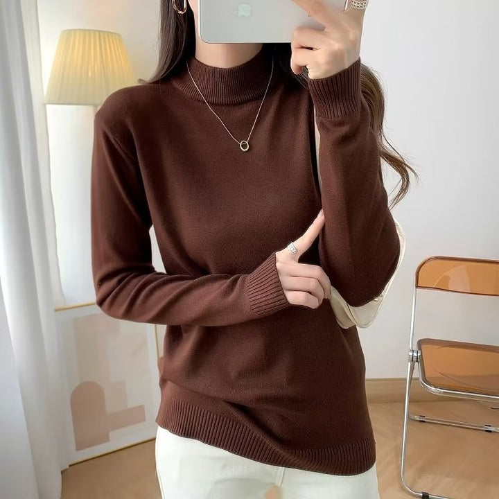 Ladies Fine Long Sleeve Fine Knit Sweater with Narrow Stand-Up Collar and Ribbed Cuffs Mune Fashion