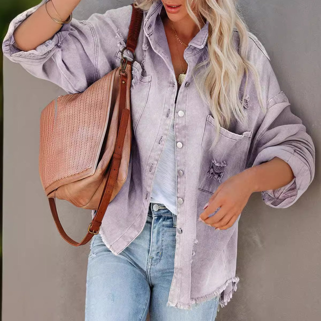 Women's oversized denim jacket with fringes, distressed details and press studs Mune Fashion