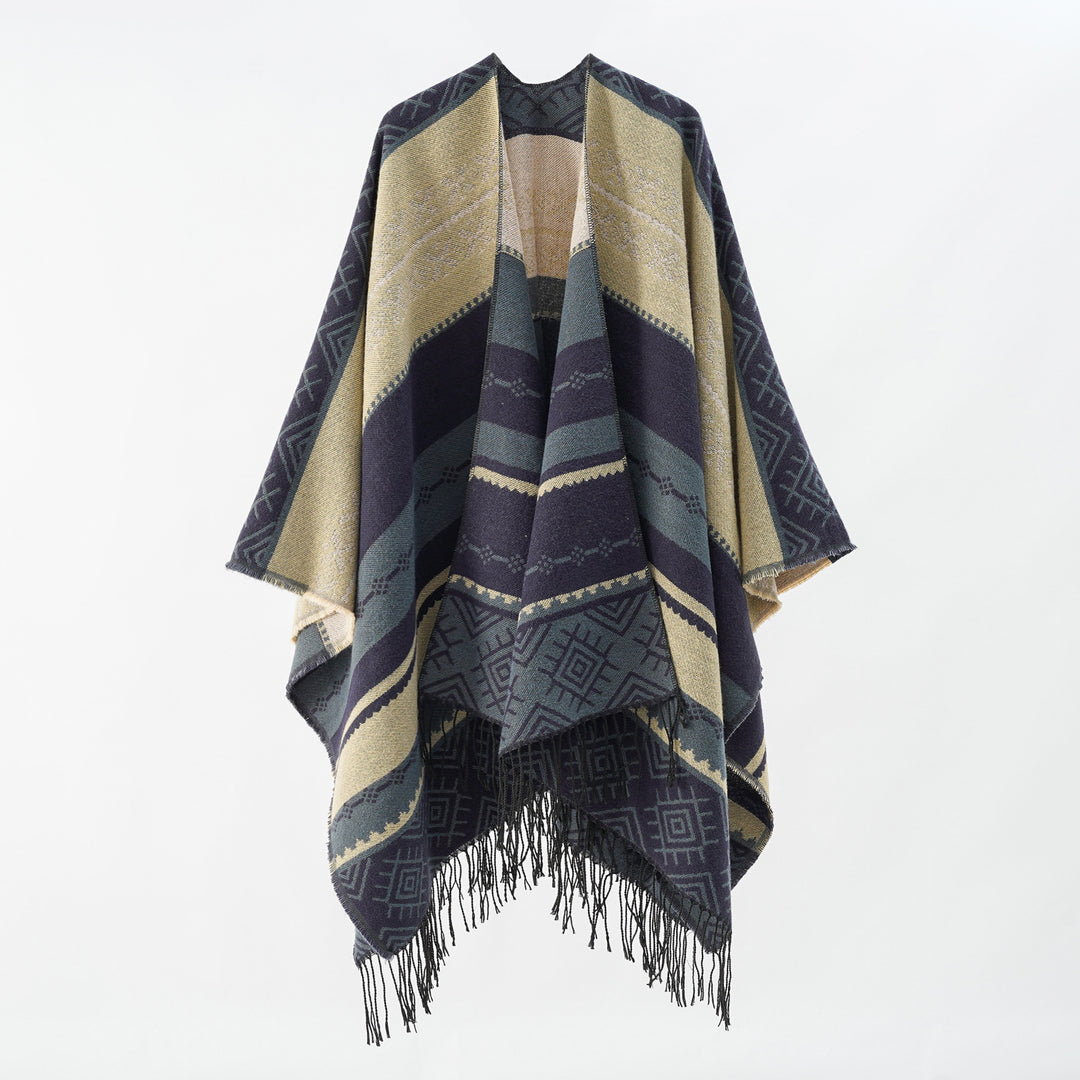 Women Woven Jacquard Poncho with Geometric Ethno Pattern and Fringed Hem Mune Fashion