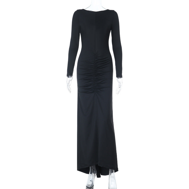 Women's Figure-Hugging Maxi Dress with Long Sleeves, Gathered Center Seam and Stretch Jersey Quality Mune Fashion