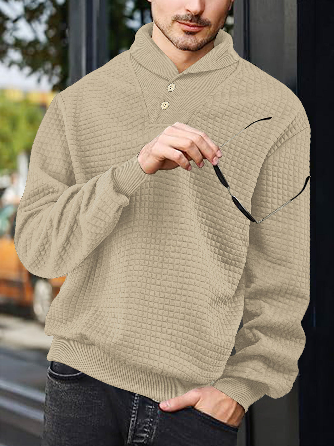Men's elegant knitted pullover with shawl collar, button placket at neckline and check waffle texture Mune Fashion