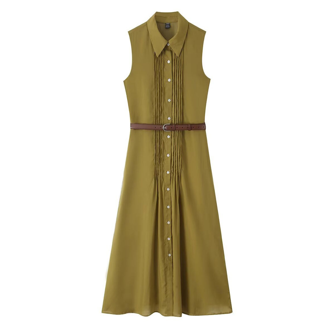 Women's sleeveless shirt dress with pleats, button placket and belt Mune Fashion