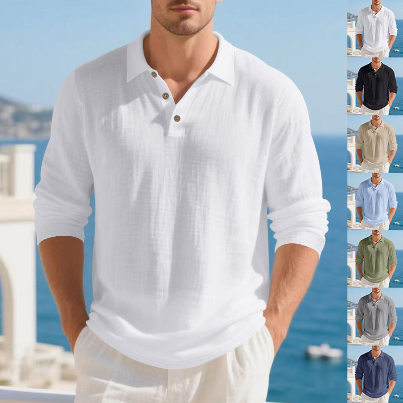 Men's light linen polo with long sleeves and open shirt collar Mune Fashion