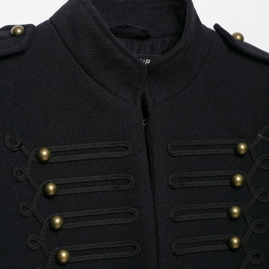 Women's Slim Military-Inspired Short Jacket with Cord Decoration and Brass Buttons Mune Fashion