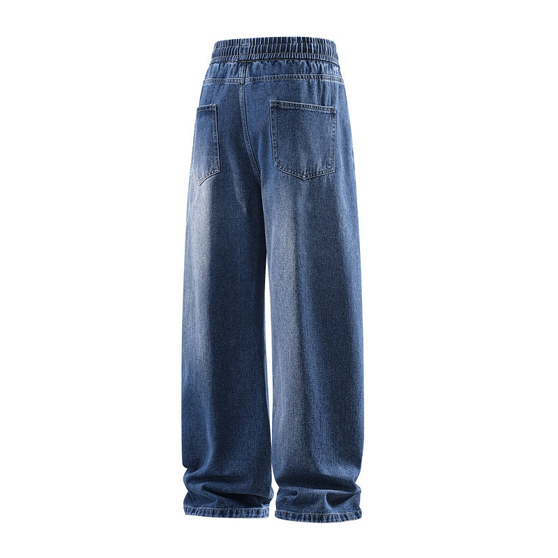 Men's Wide Denim Casual Pants with Elastic Waistband, Drawstring & Relaxed Baggy Silhouette Mune Fashion