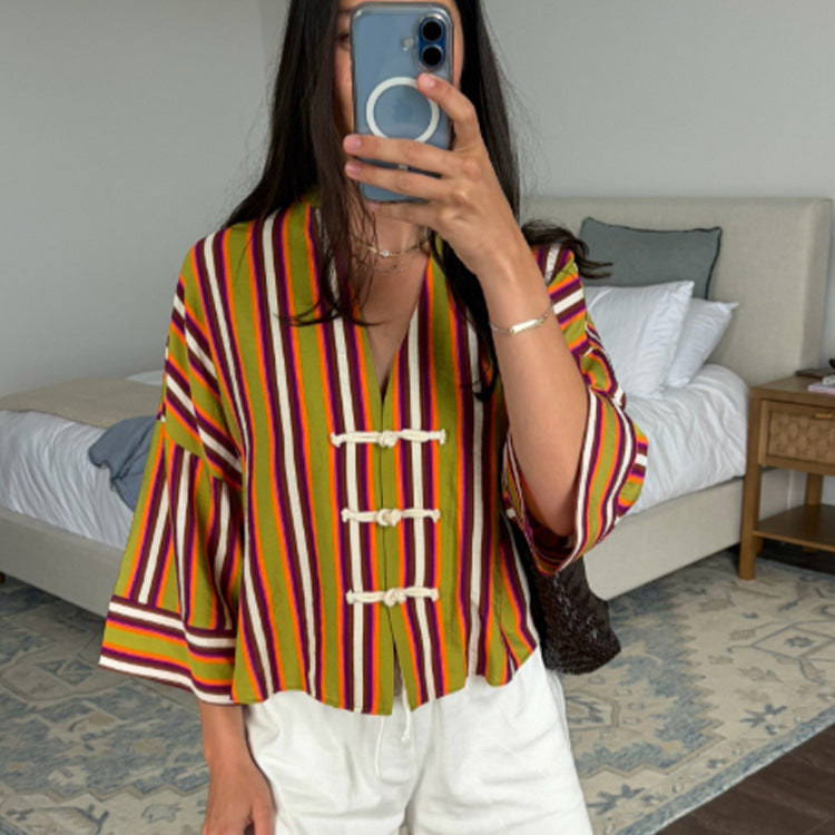 Women's Striped Lightweight Short Blouse with V-Neck, Three-Quarter Sleeves & Decorative Knot Closures Mune Fashion