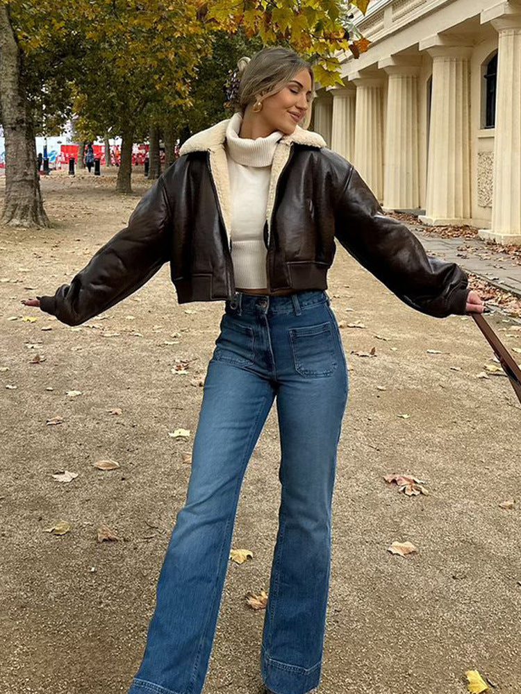 Ladies short cut pilot jacket with teddy lining and oversized sleeves Mune Fashion