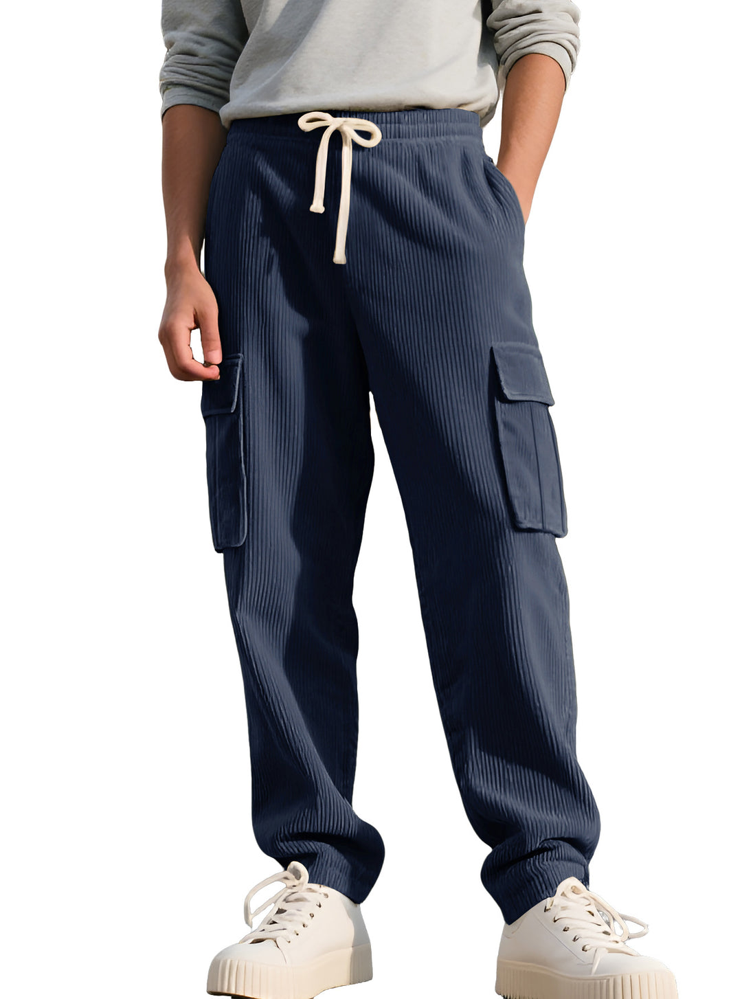 Men's casual utility cargo joggers with vertical ribbed structure, drawstring waistband, and large flap pockets Mune Fashion