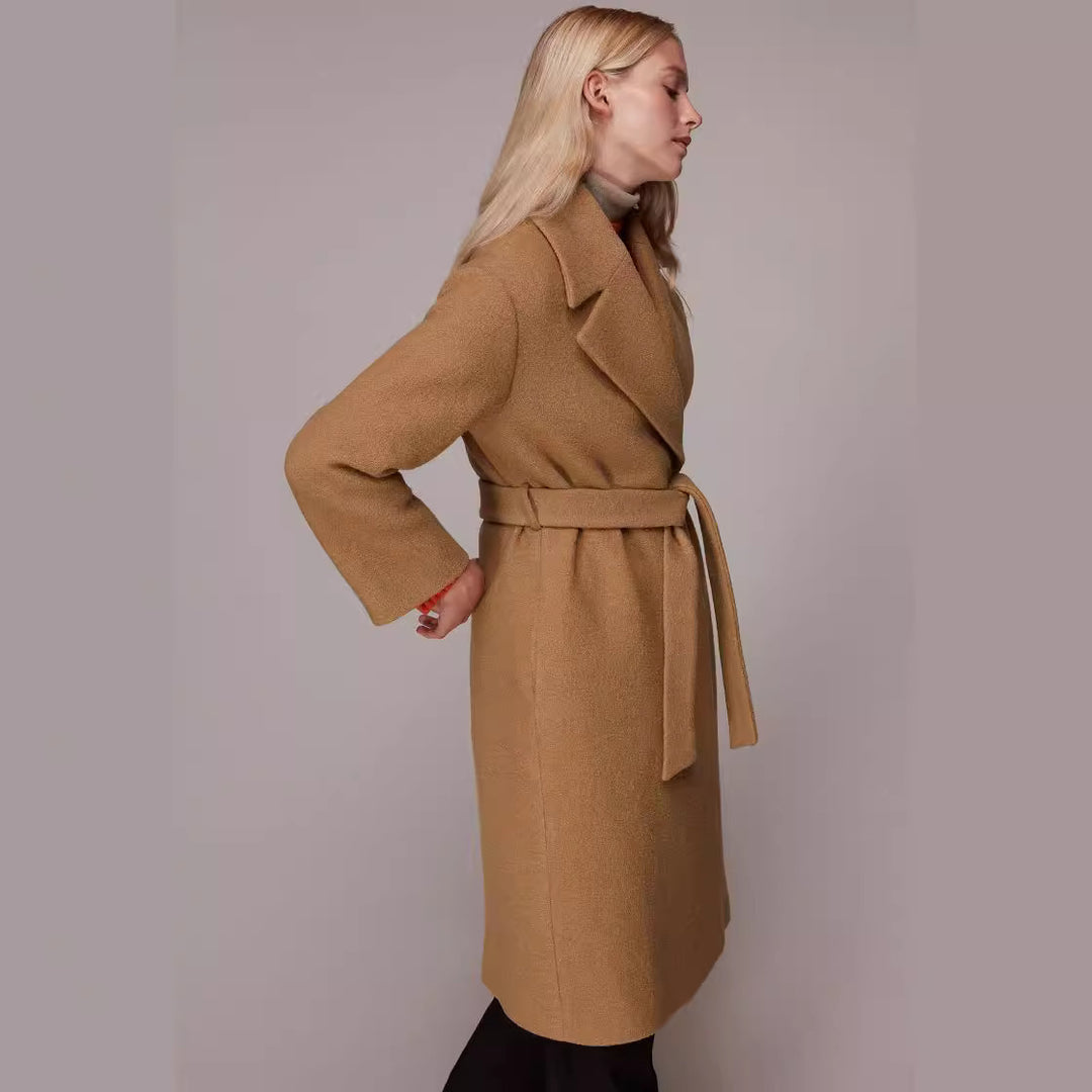 Women's Midi-Length Wool Blend Long Coat with Minimal Shawl Collar and Relaxed Silhouette Mune Fashion