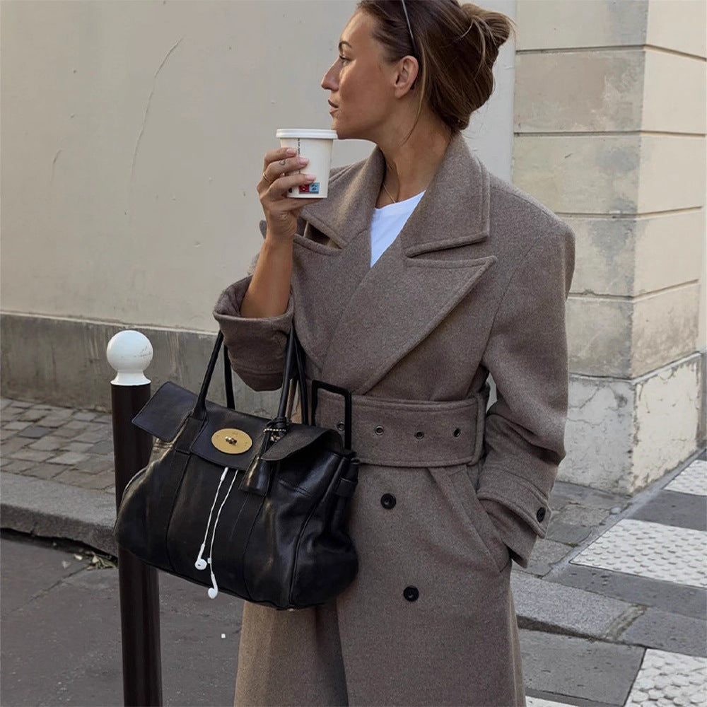 Women Maximal Wool Coat with Double-Breasted Button Placket and Wide Waist Belt Mune Fashion