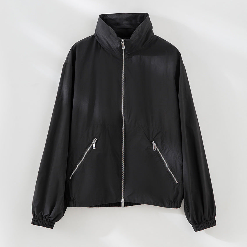 Women Lightweight Nylon Utility Jacket with Stand-up Collar, Zipper Pockets and Elastic Hem Mune Fashion