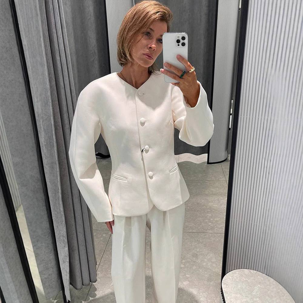 Women Short Blazer with Sculptural Shoulder, Rounded Neckline and Concealed Button Placket Mune Fashion