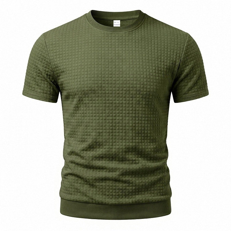 Men's short-sleeved knit shirt with embossed check structure, round neckline, and ribbed hem Mune Fashion