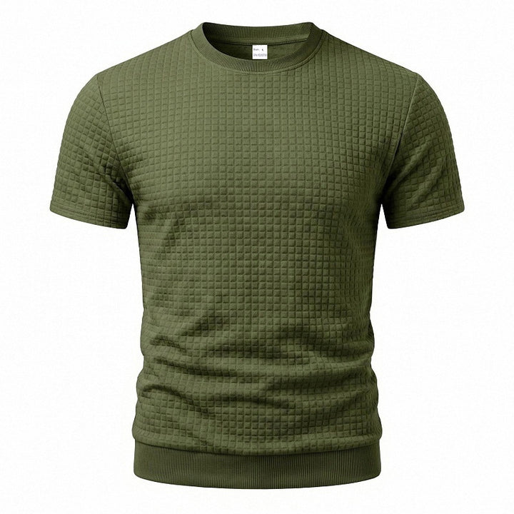 Men's short-sleeved knit shirt with embossed check structure, round neckline, and ribbed hem Mune Fashion
