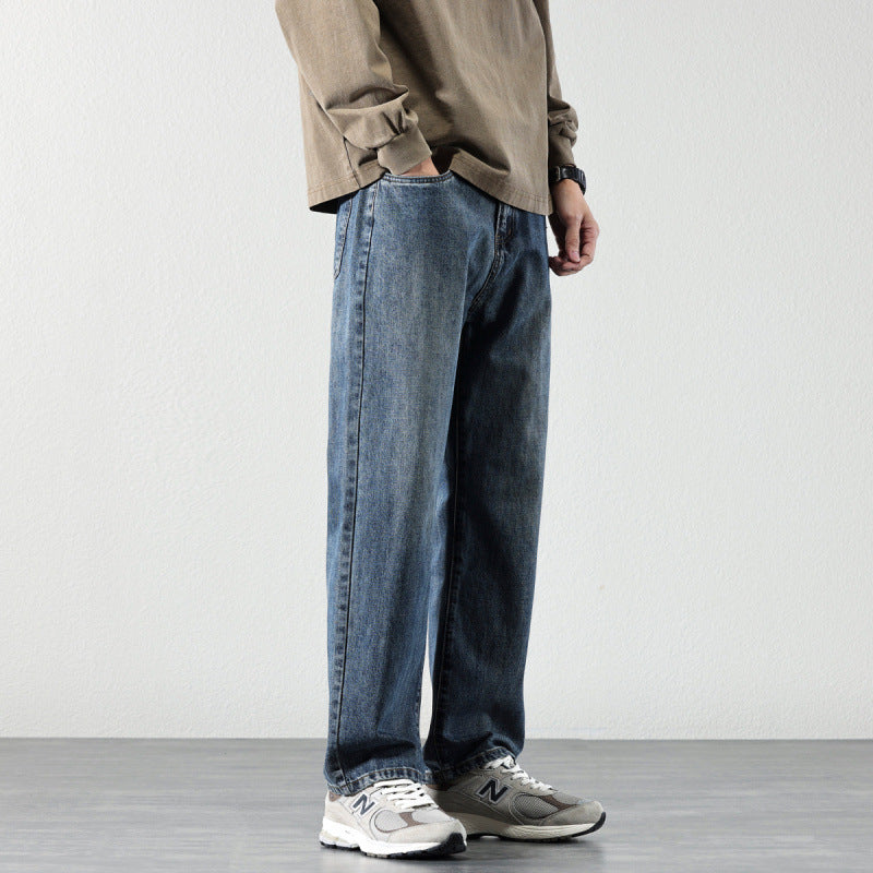 Men's Wide Straight-Leg Denim Jeans with Vintage Wash and Loose Fit Mune Fashion