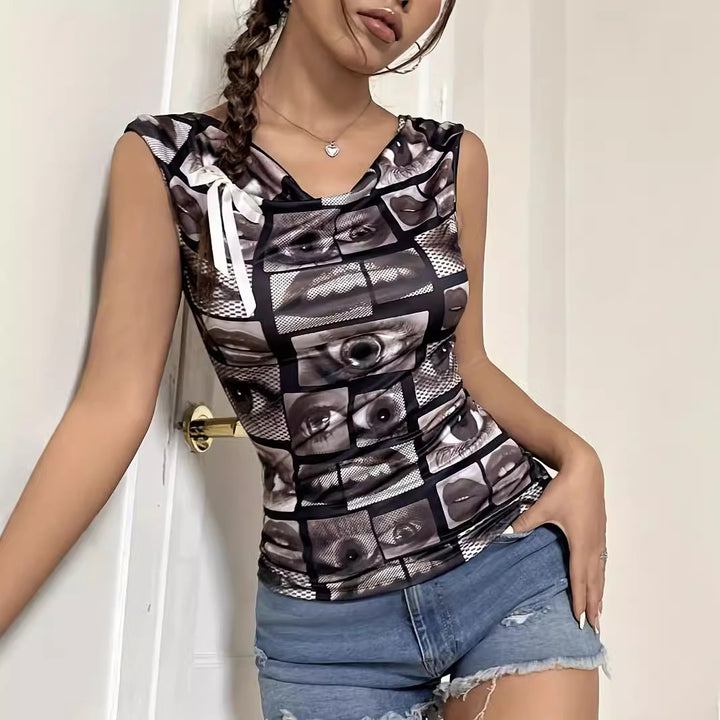 Women's tailored sleeveless jersey top with waterfall collar and collage-style face print Mune Fashion