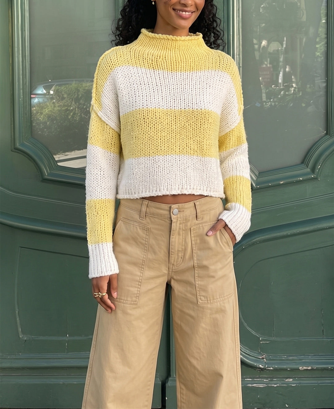 Women's Chunky Knit Cropped Sweater with Stand-Up Collar and Dropped Sleeves Mune Fashion