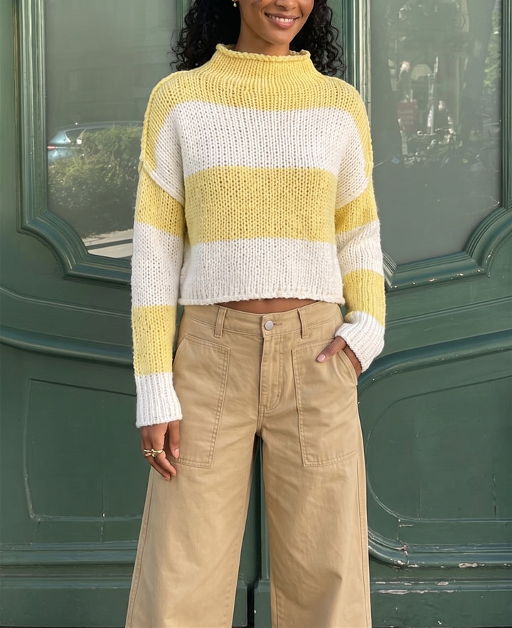 Women's Chunky Knit Cropped Sweater with Stand-Up Collar and Dropped Sleeves Mune Fashion