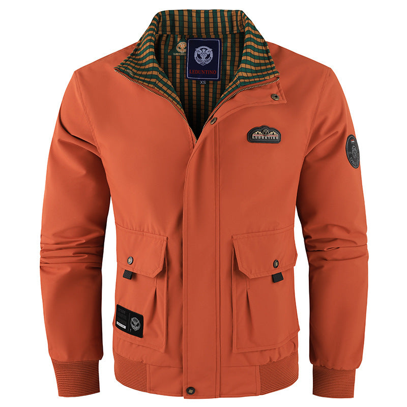 Men's nan windproof Harrington bomber jacket with contrasting checkered lining, snap button flaps, and elastic cuffs.