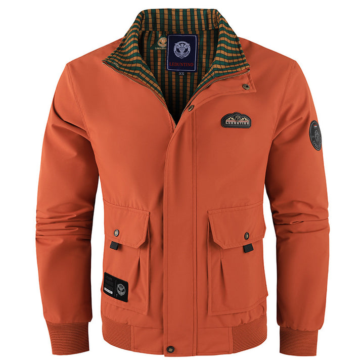 Men's nan windproof Harrington bomber jacket with contrasting checkered lining, snap button flaps, and elastic cuffs.