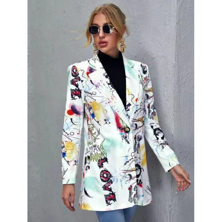 Women's Printed Long Blazer with Graphic Street Art Pattern and Tailored Fit Mune Fashion