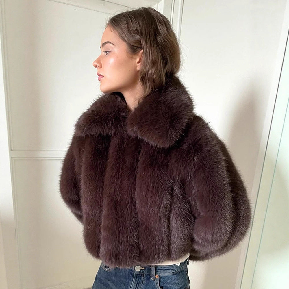 Women's Short Cropped Faux Fur Jacket with Voluminous Shawl Collar and Boxy Silhouette Mune Fashion
