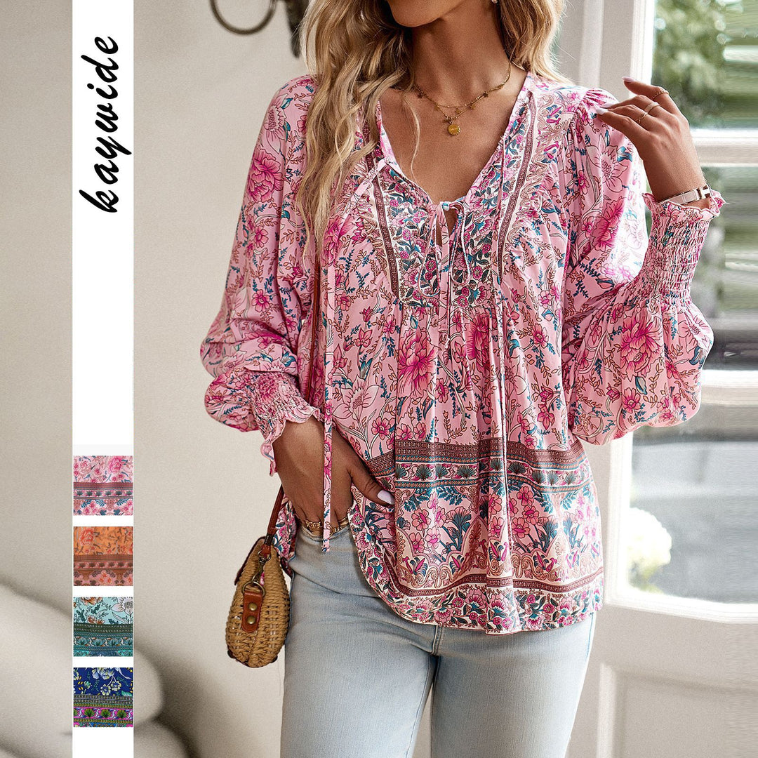 Women's loose Boho tunic with V-neck, tie belt, gathered sleeves, and floral pattern Mune Fashion