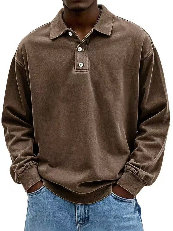 Men's casual polo shirt sweatshirt with collar, vintage wash and three-piece button placket Mune Fashion