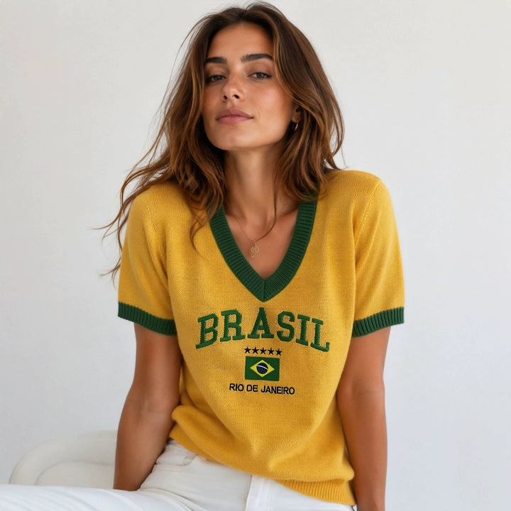 Unisex nan short retro knit sweater with V-neck, contrast cuffs and Brazil embroidery Mune Fashion