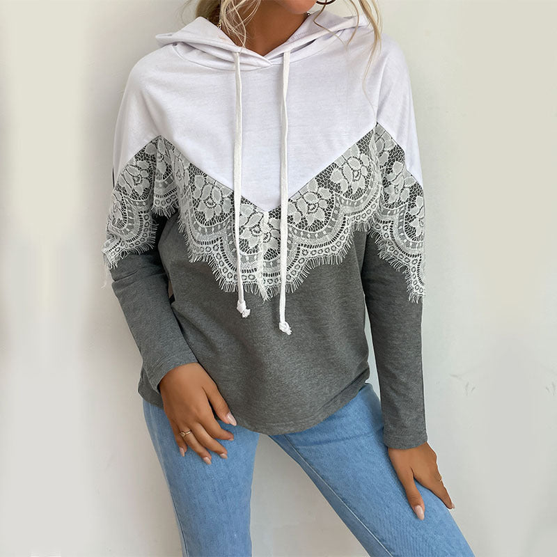 Ladies hoodie with lace trim and V-insert Mune Fashion