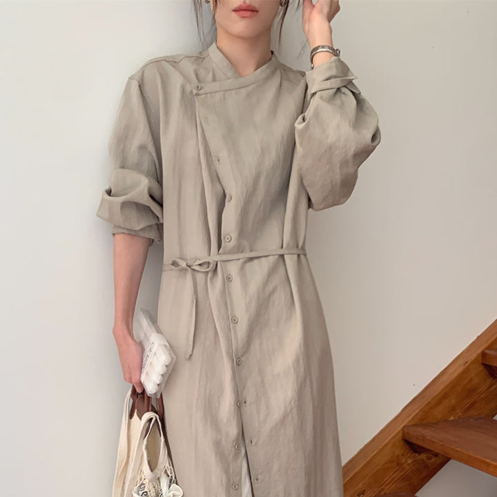 Women Long Shirt Dress with V-neck, full-button placket, and waist belt Mune Fashion