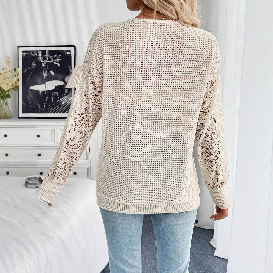 Women's slightly tailored waffle knit sweater with floral lace inserts on the sleeves Mune Fashion