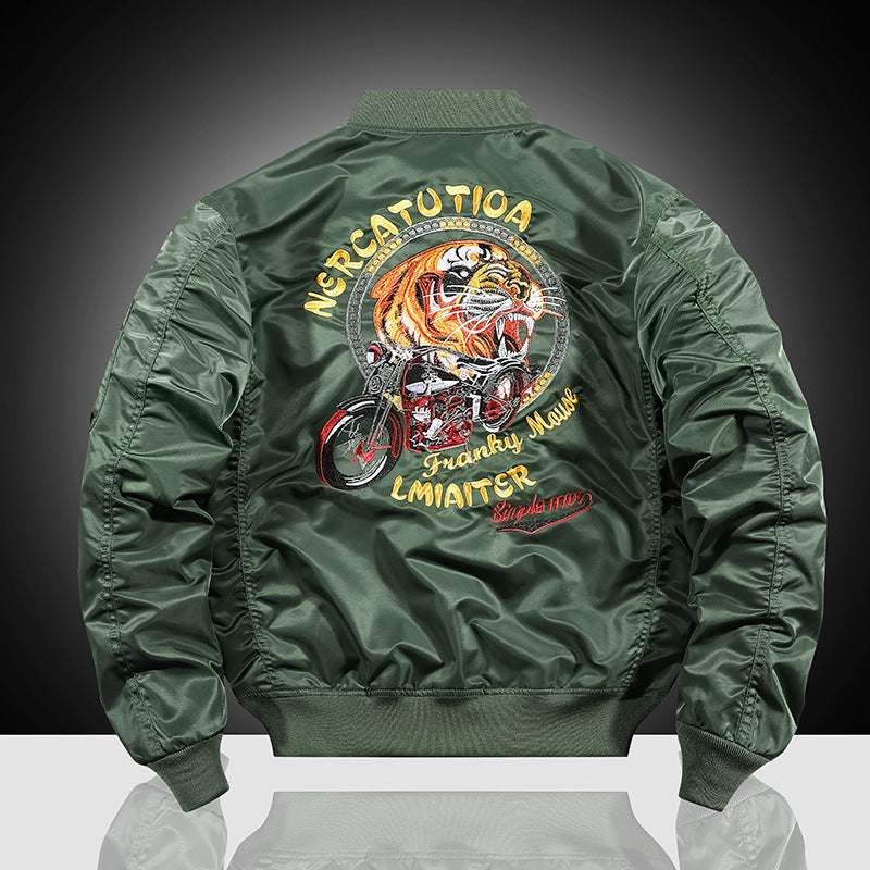 Men's Embroidered Nylon Bomber Jacket in Pilot Style with Tiger Motorcycle Design Mune Fashion