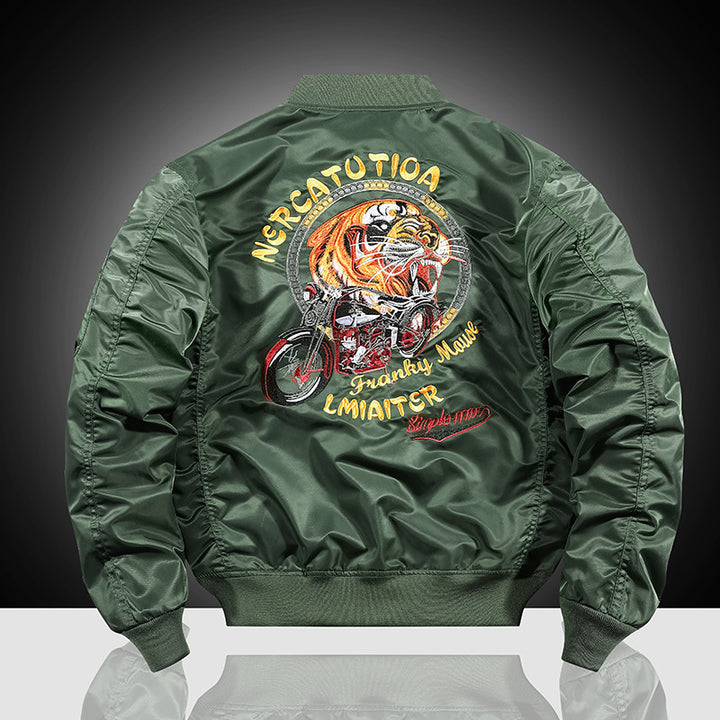 Men's Embroidered Nylon Bomber Jacket in Pilot Style with Tiger Motorcycle Design Mune Fashion